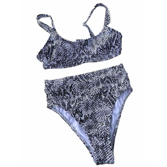 Exhilaration Black/ White Snake Print 2pc Bikini Womens MED High‎ Waisted Bottom - Picture 1 of 6
